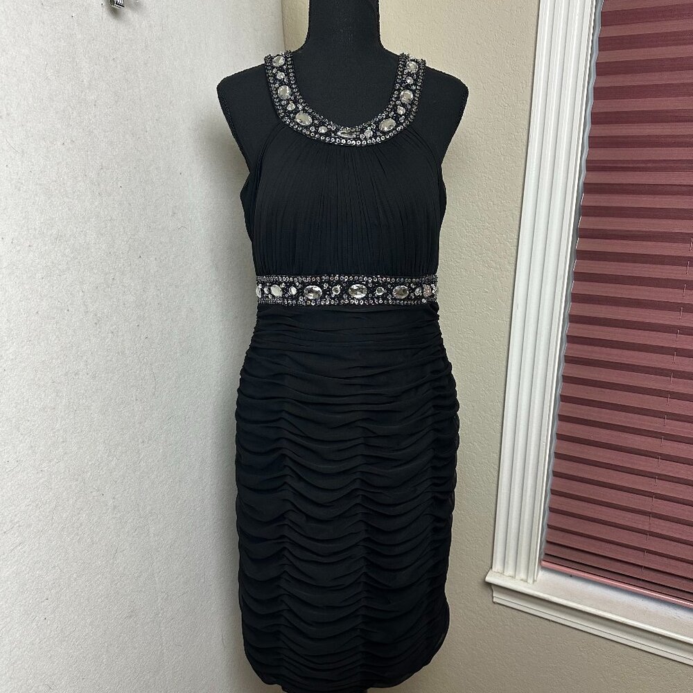 Xscape dress sz 14 black bodycon mini rhinestone embellished pleated formal